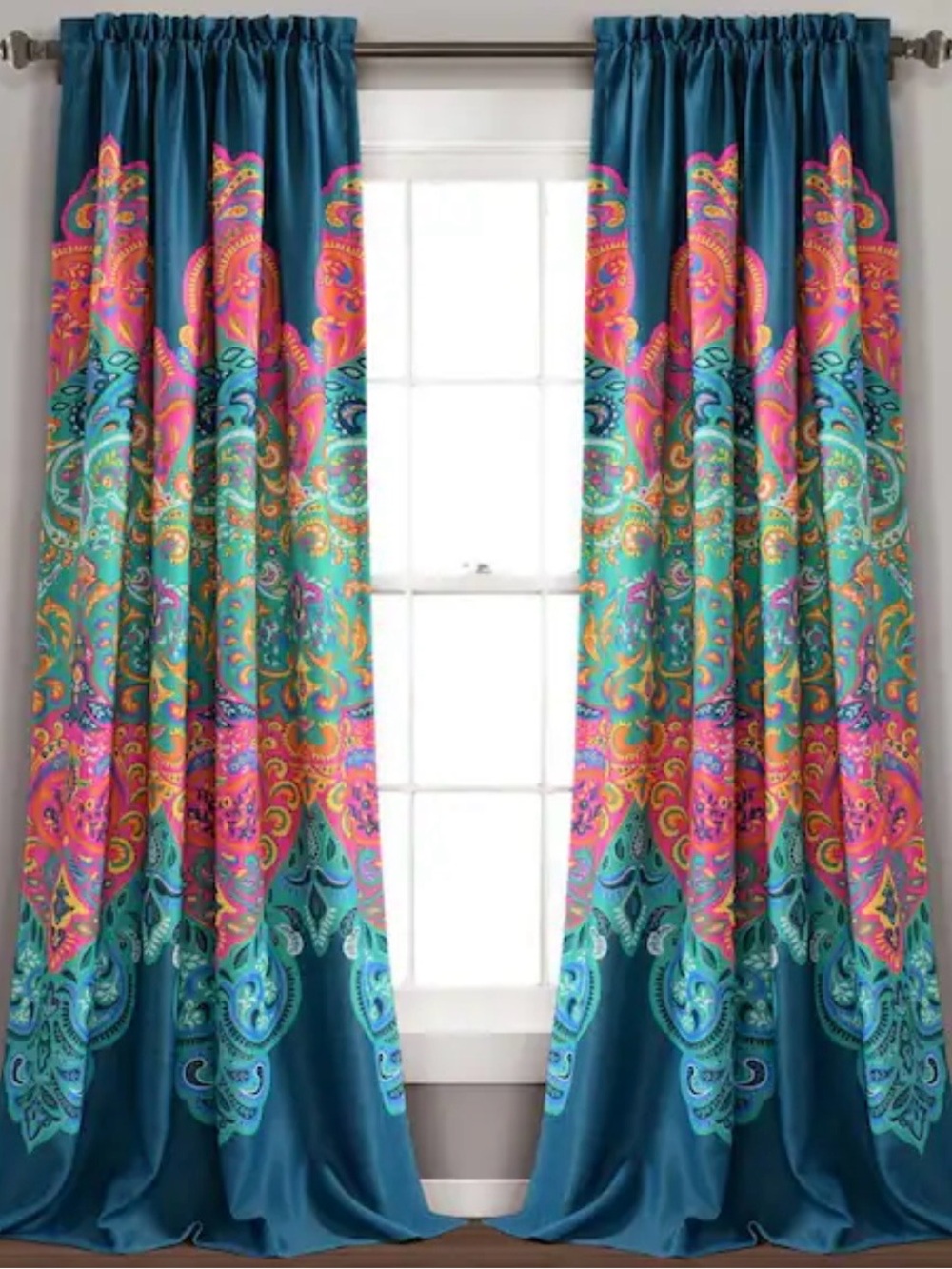 BOHEMIAN Turquoise Colorful Print Room Darkening 4 pieces Curtain Drapes. Great